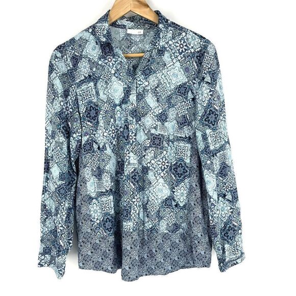 J Jill Top Size Medium Womens Blue Batik Print Blouse Popover Border Trim Rayon - Picture 1 of 7